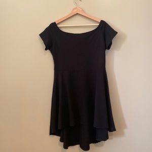 Black low shoulder high low dress.
